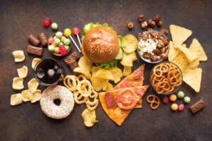 Comida no saludable, comida chatarra grasas trans en diferentes comidas